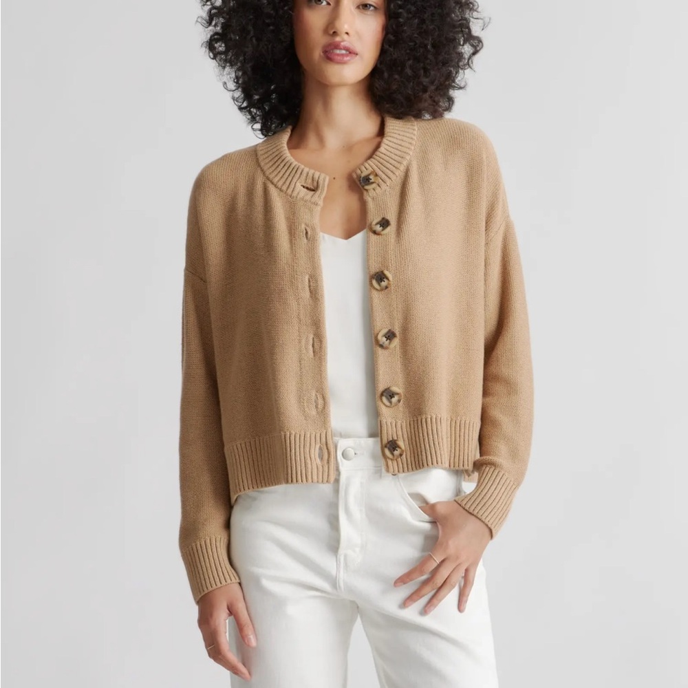 Quince Cotton Cropped Cardigan Sweaters, Sz S, set of 2. Camel & charcoal color